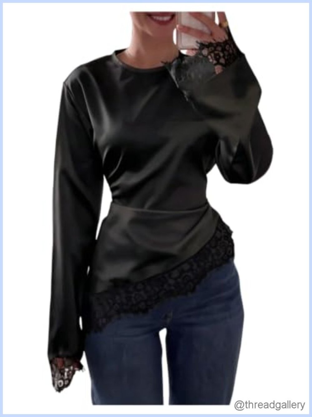 Satin Asymmetrical Lace Blouse Long Sleeve Cinched Waist Top